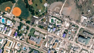 Combinado de imagens de satélite mostram o antes e o depois do furacão Ian atingir a Flórida, nos EUA, na semana passada — Foto: AFP