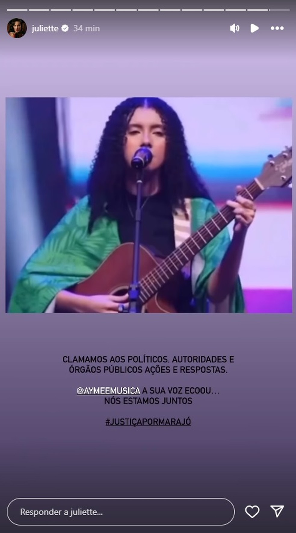 Juliette compartilha trecho de canção 'Evangelho de fariseus', de Aymeê — Foto: Reprodução/Instagram