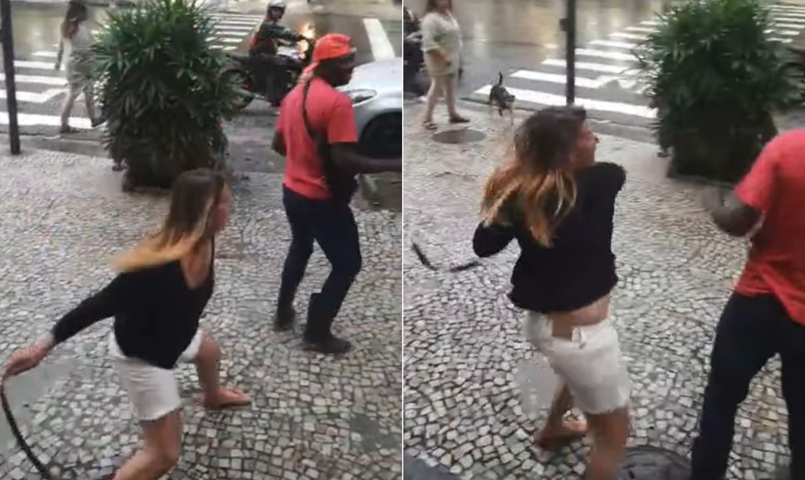 Professora Sandra Mathias Correia de Sá aparece em vídeo dando chicotadas no entregador Max Angelo Alves dos Santos — Foto: Reprodução