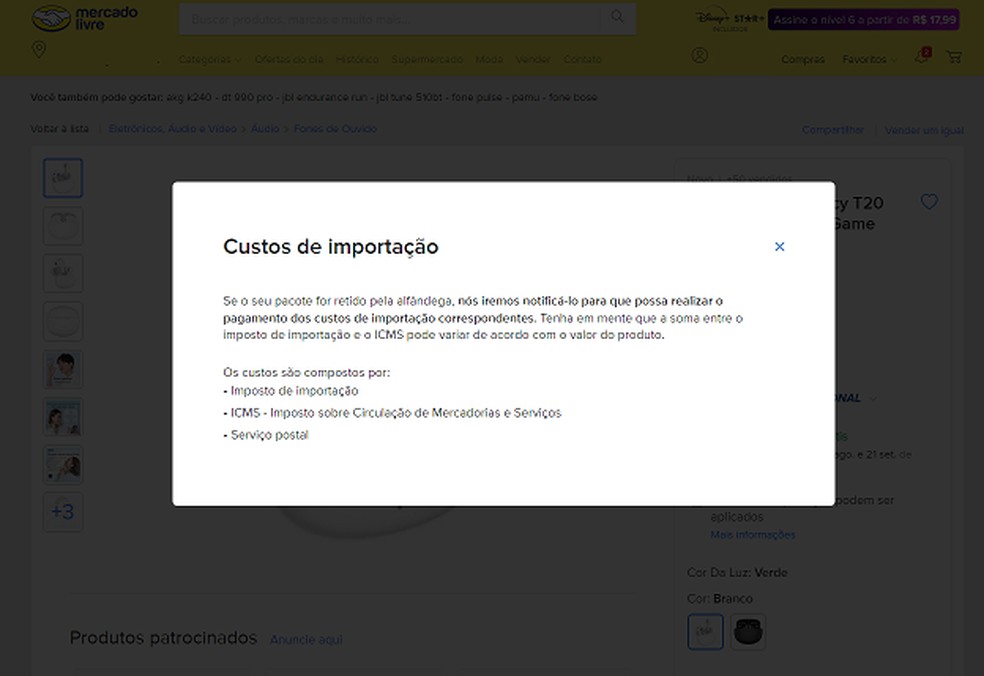 Box mostra informações sobre os custos de importação durante simulação de compra no Mercado Livre — Foto: Reprodução