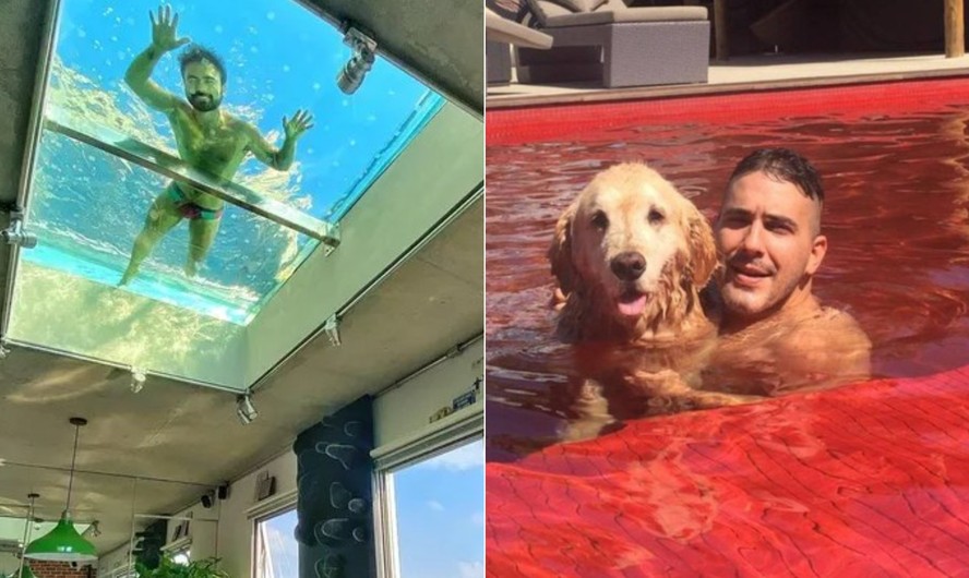 Mauro Sousa tem piscina de vidro no teto de casa; André Marques (à direita) possui piscina com azulejos vermelhos