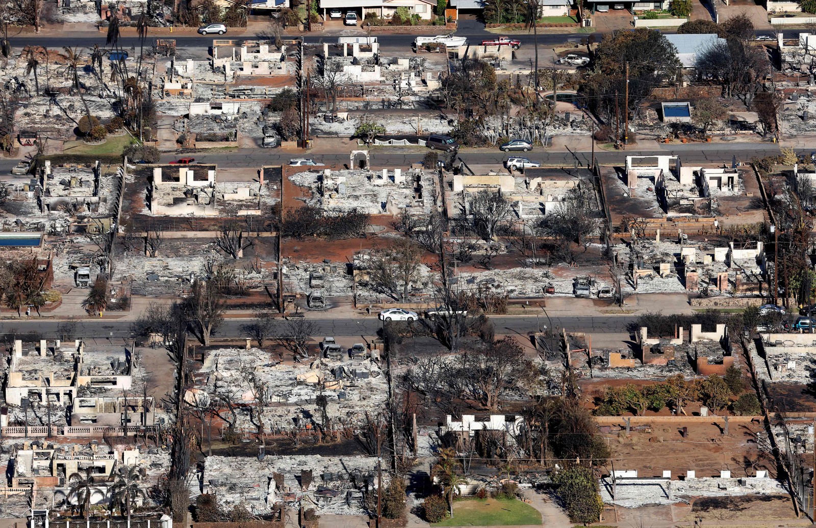 Vista aérea mostra área totalmente devastada pelo incêndio florestal. Dezenas de pessoas morreram e milhares ficaram desabrigadas depois que um incêndio florestal causado pelo vento devastou a cidade de Lahaina (Havaí) nesta semana. As equipes continuam as buscas por pessoas desaparecidas. — Foto: Justin Sullivan/Getty Images/AFP