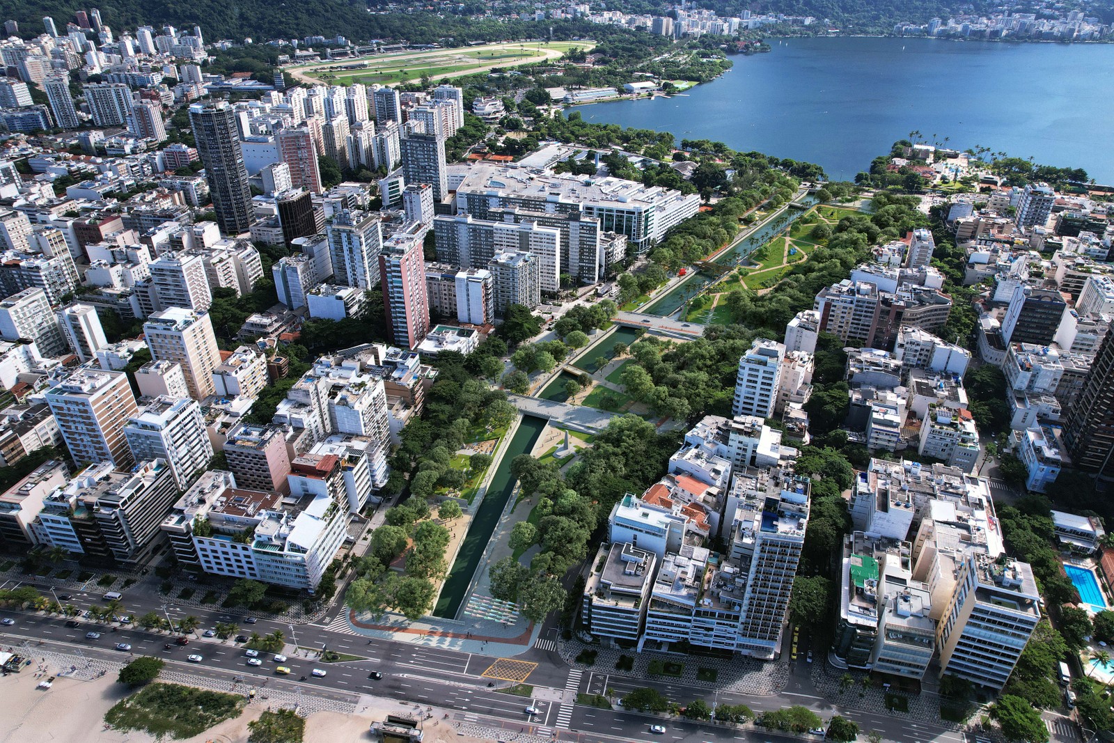 Vista aérea do projeto mostra arborização com espécies locais: amendoeiras, abricós-da-praia e sibipirunas. — Foto: Divulgação