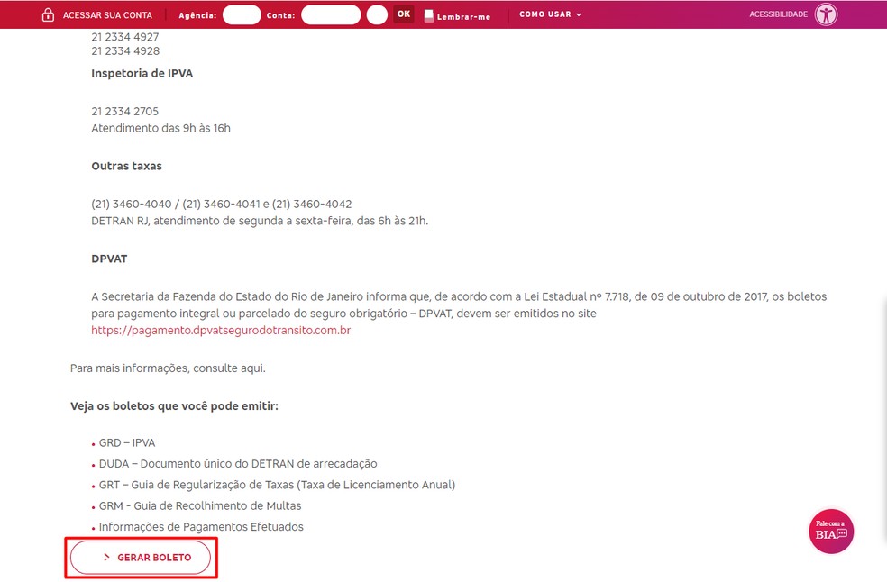 Site do Bradesco para pagar a GRT — Foto: Reprodução/Bradesco