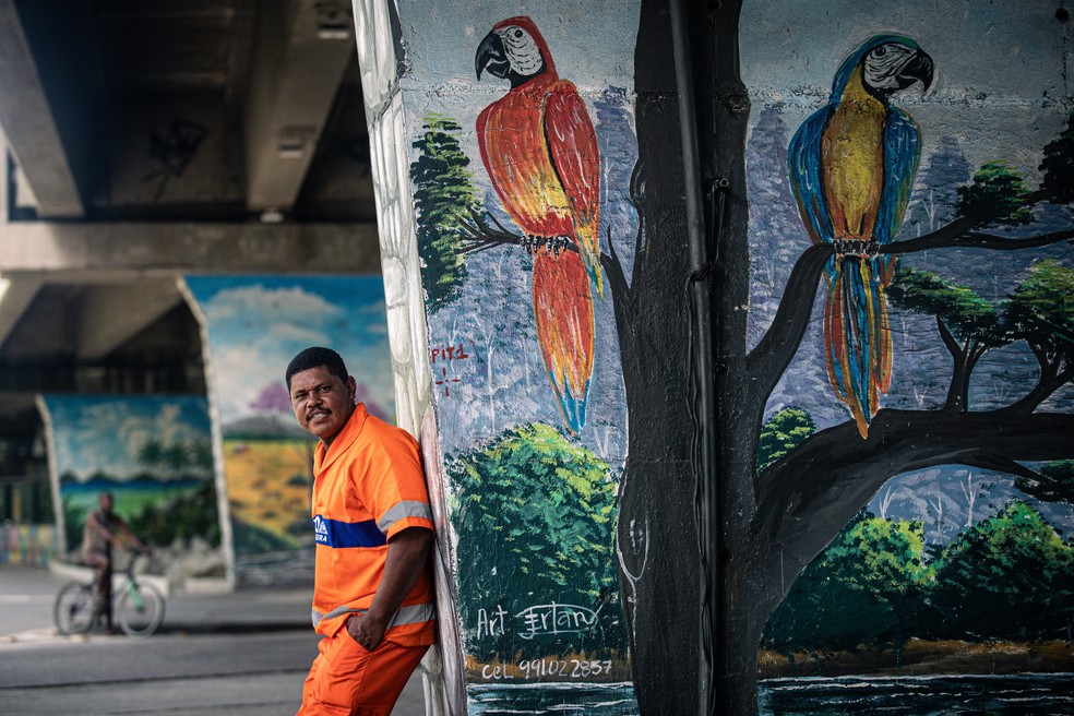 Pilares da Linha Amarela, na Cidade de Deus, ganham vida com o gari Derlan de Matos Almeida. Ele já pintou 70 painéis pela cidade — Foto: Hermes de Paula / Agência O Globo