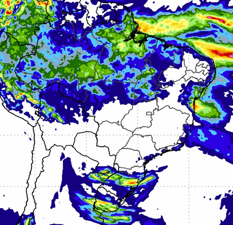 Mapa que apresenta uma massa de ar seco e quente atuando no centro do país, enquanto tempestade se aproxima do Sul — Foto: Reprodução