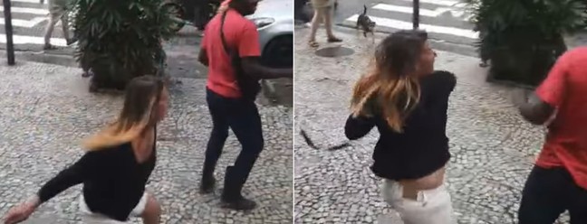 Professora Sandra Mathias Correia de Sá aparece em vídeo dando chicotadas no entregador Max Angelo Alves dos Santos — Foto: Reprodução