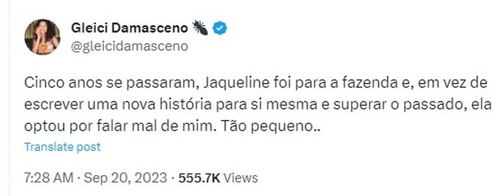 Publicação de Gleici Damasceno sobre Jaquelline — Foto: Reprodução/Twitter