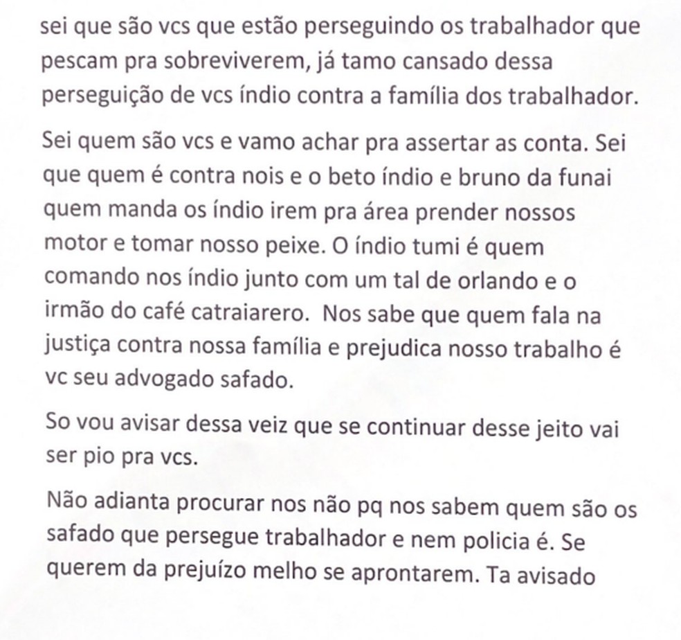 Bilhete enviado por pescadores ilegais mencionam ameaças a liderança indígena e ao servidor da Funai — Foto: Reprodução