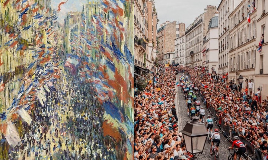 Comparação entre a pintura de Monet e a foto do ciclismo na Olimpíada de Paris