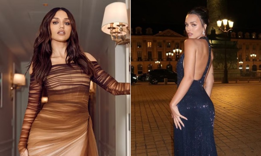 Rafa Kalimann com dois looks recentemente usados na França: à esquerda, um vestido da marca Hamda Al Fahim; à direita, vestido da Ralph Lauren e joias da Damiani
