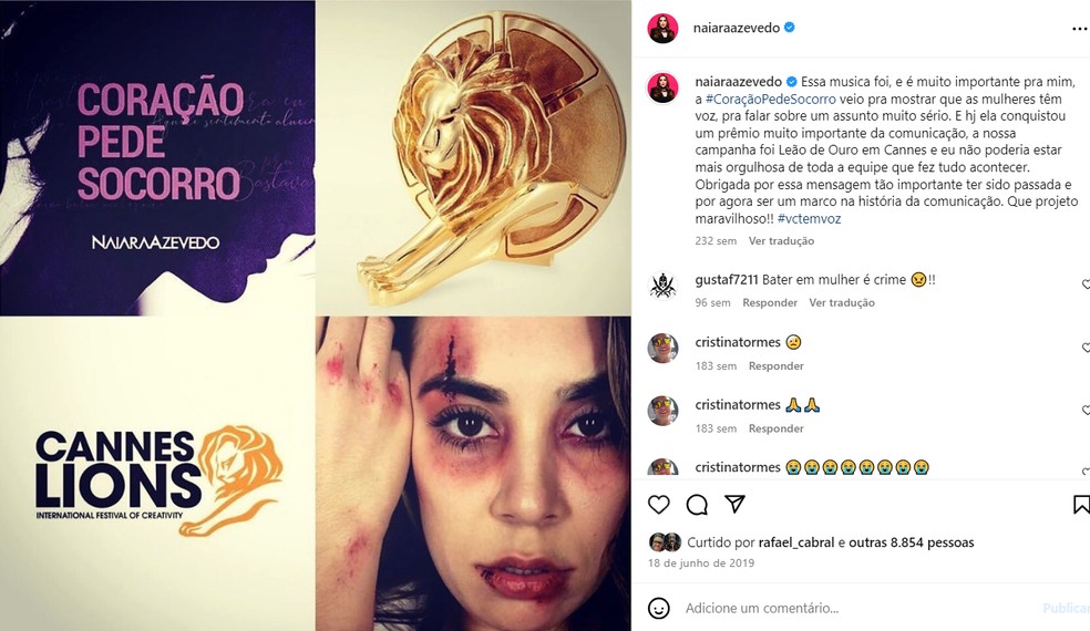 Campanha contra violência da mulher estrelada por Naiara Azevedo ganha ‘Leão de Ouro’ em Cannes 2019 — Foto: Reprodução