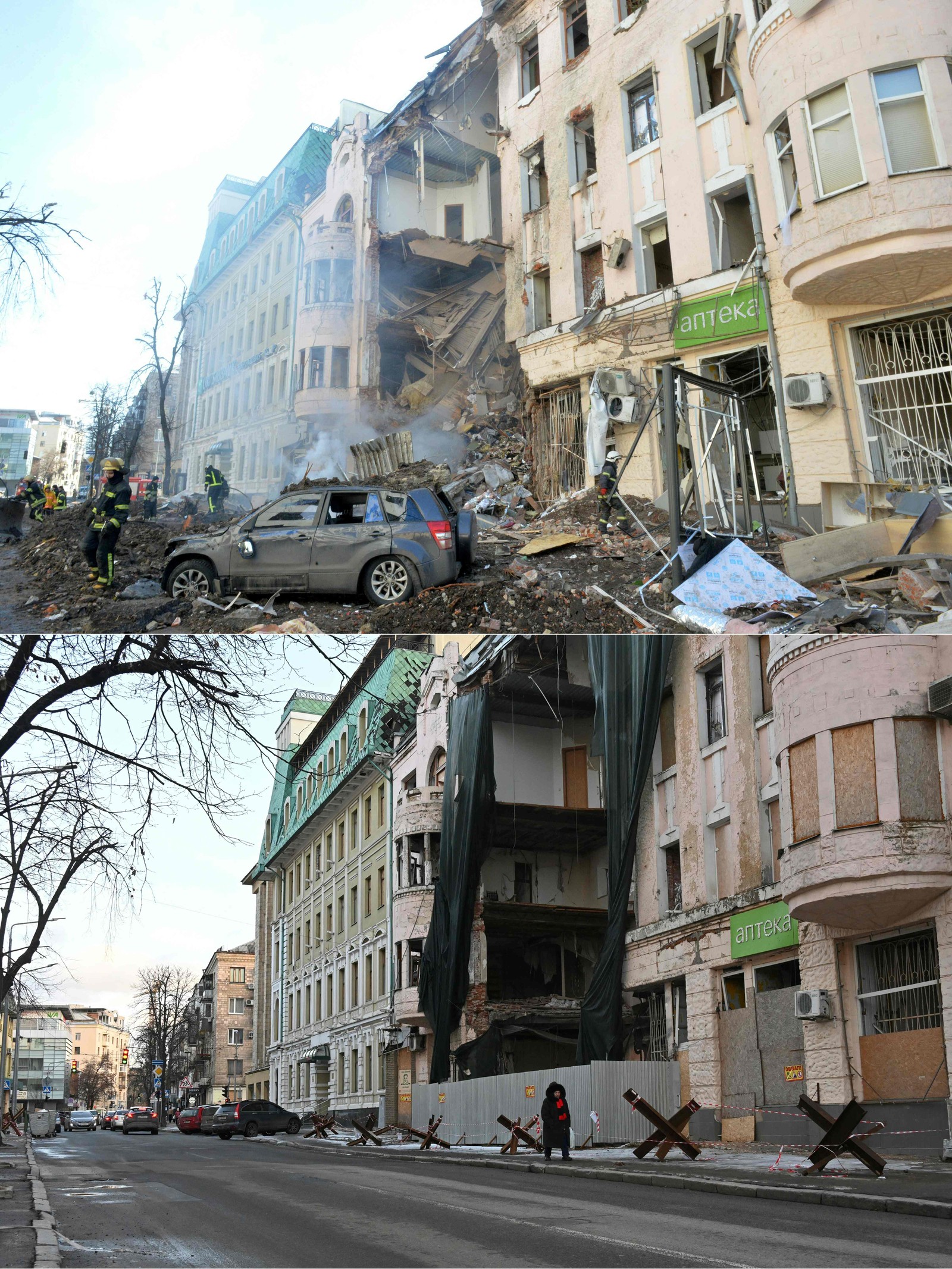 14/03/2022: Acima, bombeiros trabalham para retirar escombros de prédio após bombardeio russo. 06/02/2024: Abaixo, o prédio quase dois anos depois— Foto: SERGEY BOBOK