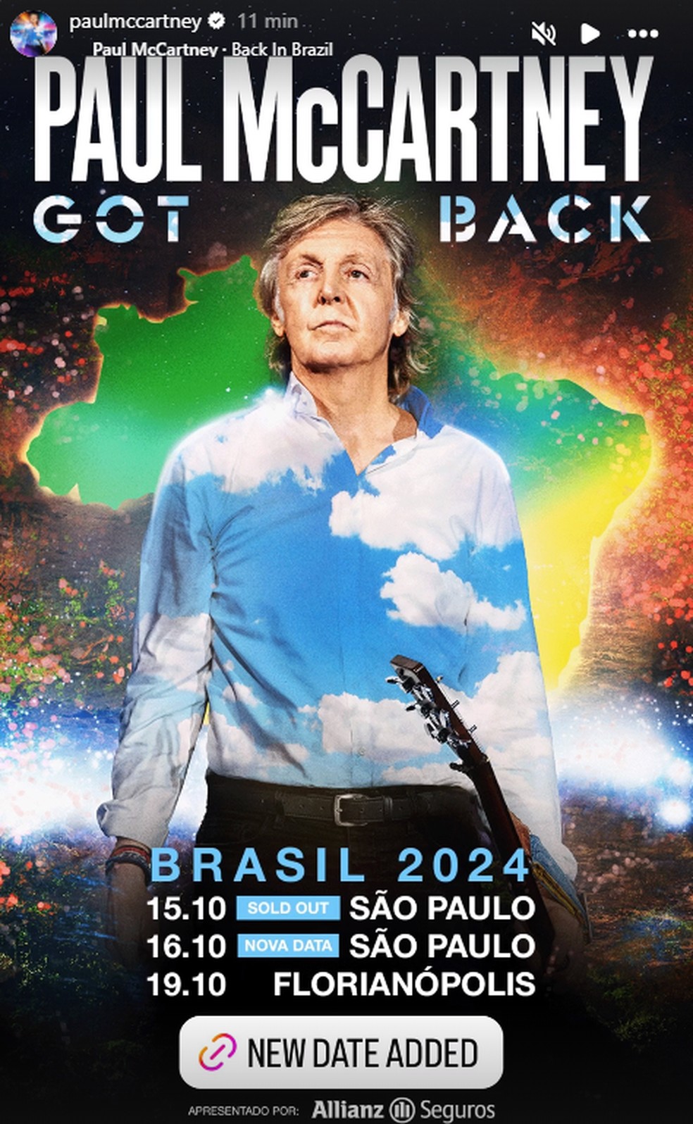 Paul McCartney anuncia nova data em São Paulo — Foto: Reprodução Instagram