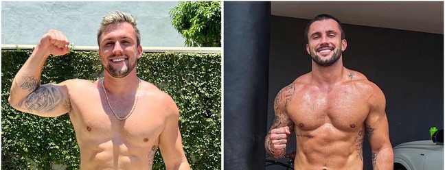 Antes e depois: Arthur Aguiar em foto antiga e recentemente, com músculos definidos. Ele mostrou a transformação nas redes sociais — Foto: Reprodução / Instagram