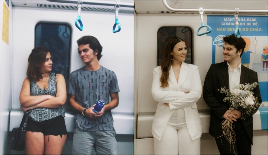Amor no metrô: casal faz fotos de casamento no meio de transporte que marcou o relacionamento