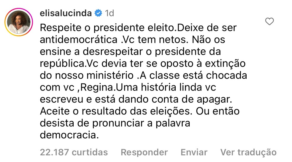 Elisa Lucinda comenta em post de Regina Duarte — Foto: Reprodução/Instagram