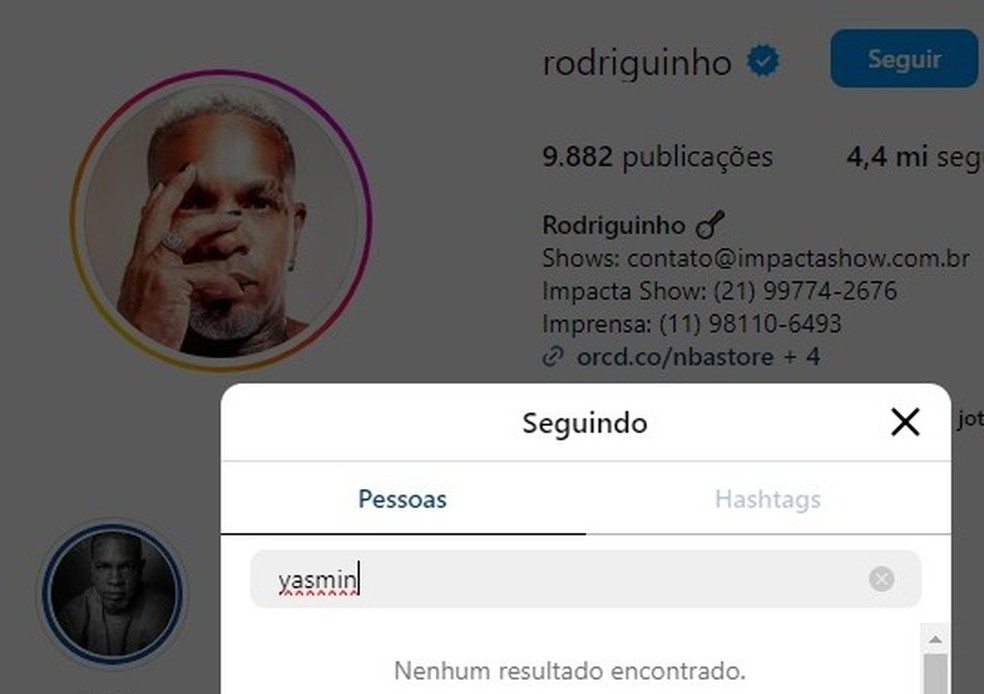 Rodriguinho não segue Yasmin Brunet nas redes após o 'BBB' 24 — Foto: Reprodução/Redes sociais