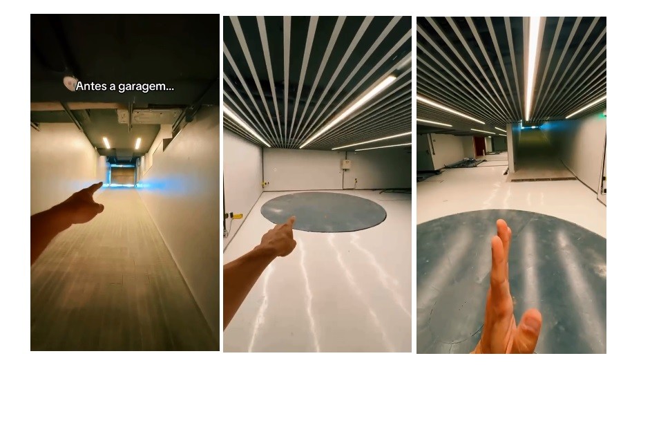 Garagem, em dois pavimentos, com plataforma giratória para facilitar manobras — Foto: Reprodução/Instagram