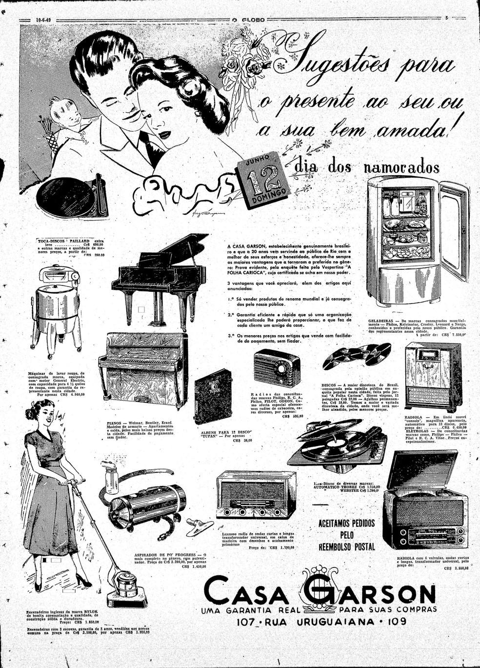 Anúncio de página inteira no GLOBO de 10 de junho de 1949 para o Dia dos Namorados — Foto: Acervo O Globo