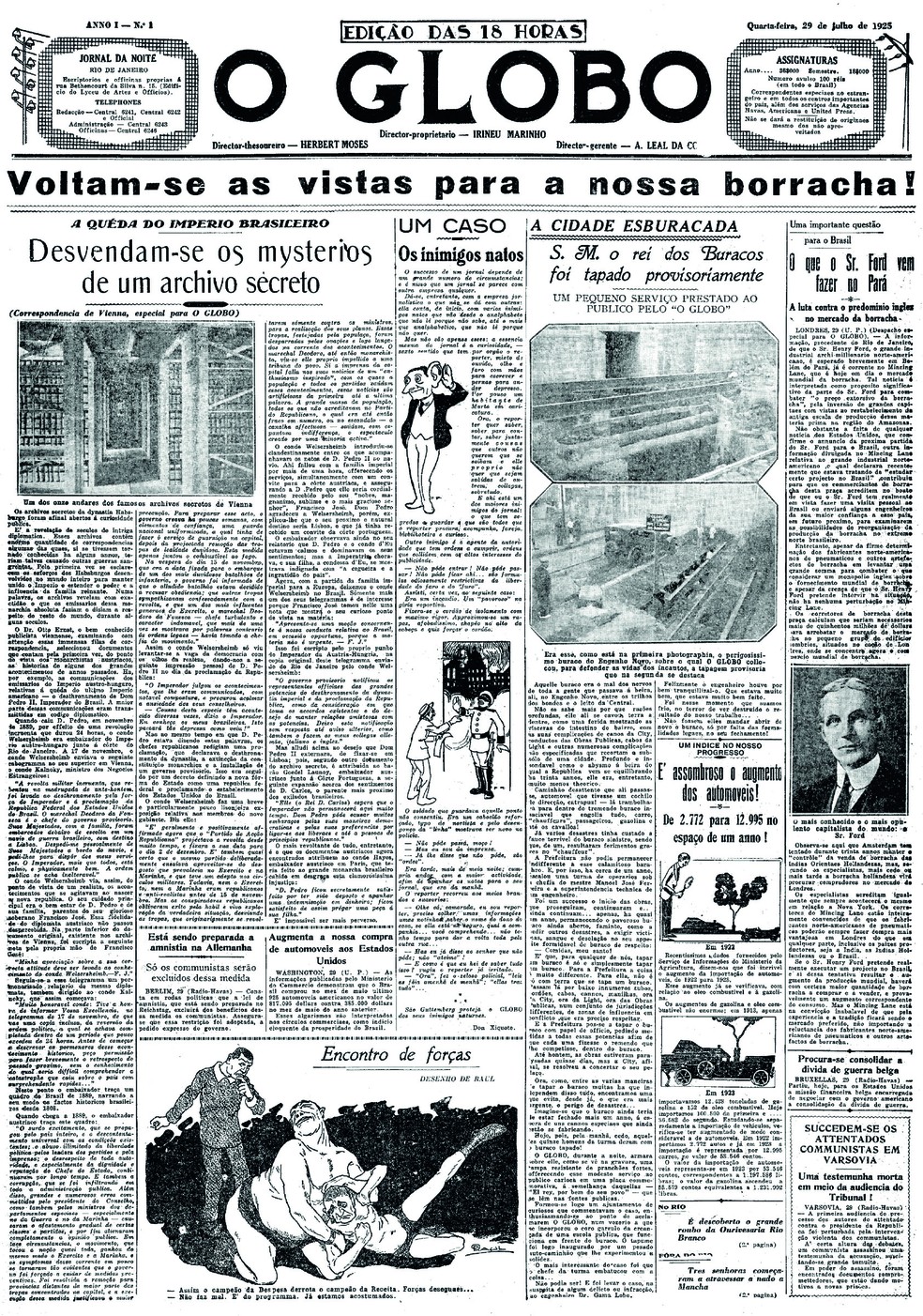 A primeira edição do GLOBO em 29 de julho de 1925 — Foto: Reprodução