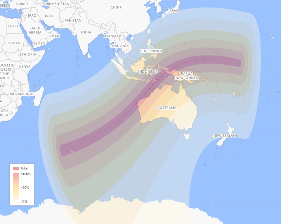 Visibilidade do eclipse solar no dia 20 de abril de 2023 — Foto: Captura de tela/timeanddate.com