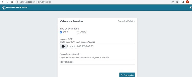 Para saber se tem valores a receber, a pessoa deve digitar o CPF e a data de nascimento