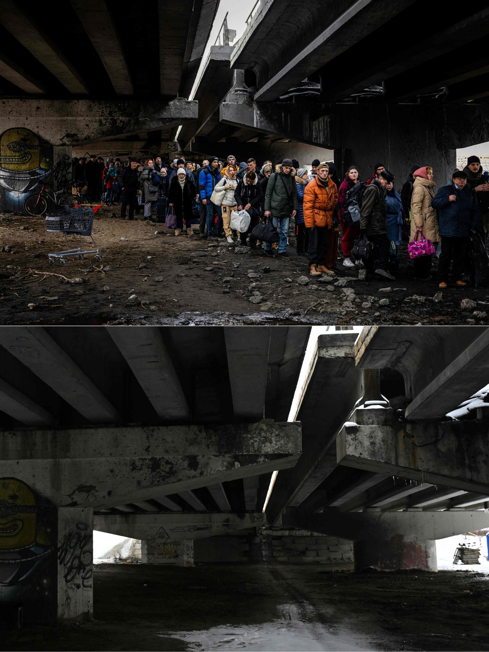07/03/2022: Acima, ucranianos se refugiam embaixo de uma ponte em Irpin. 10/02/2024: Abaixo, o local vazio atualmente — Foto: Dimitar DILKOFF and Sergei SUPINSKY / AFP