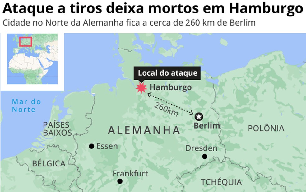 Ataque a tiros em Hamburgo, na Alemanha — Foto: Arte/ O GLOBO