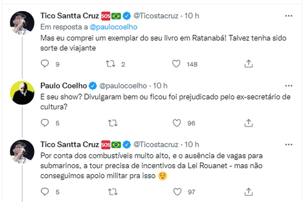 Troca de mensagens recheada de ironia entre o escritor Paulo Coelho e o cantor Tico Santta Cruz — Foto: Reprodução / Twitter