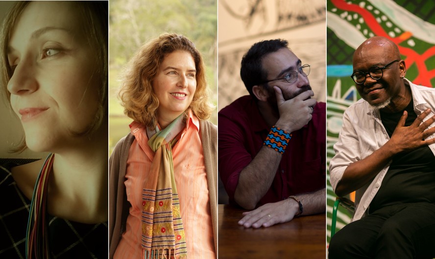 Os poetas brasileiros Prisca Agustoni, Cláudia Roquette-Pinto, Guilherme Gontijo Flores e Ricardo Aleixo