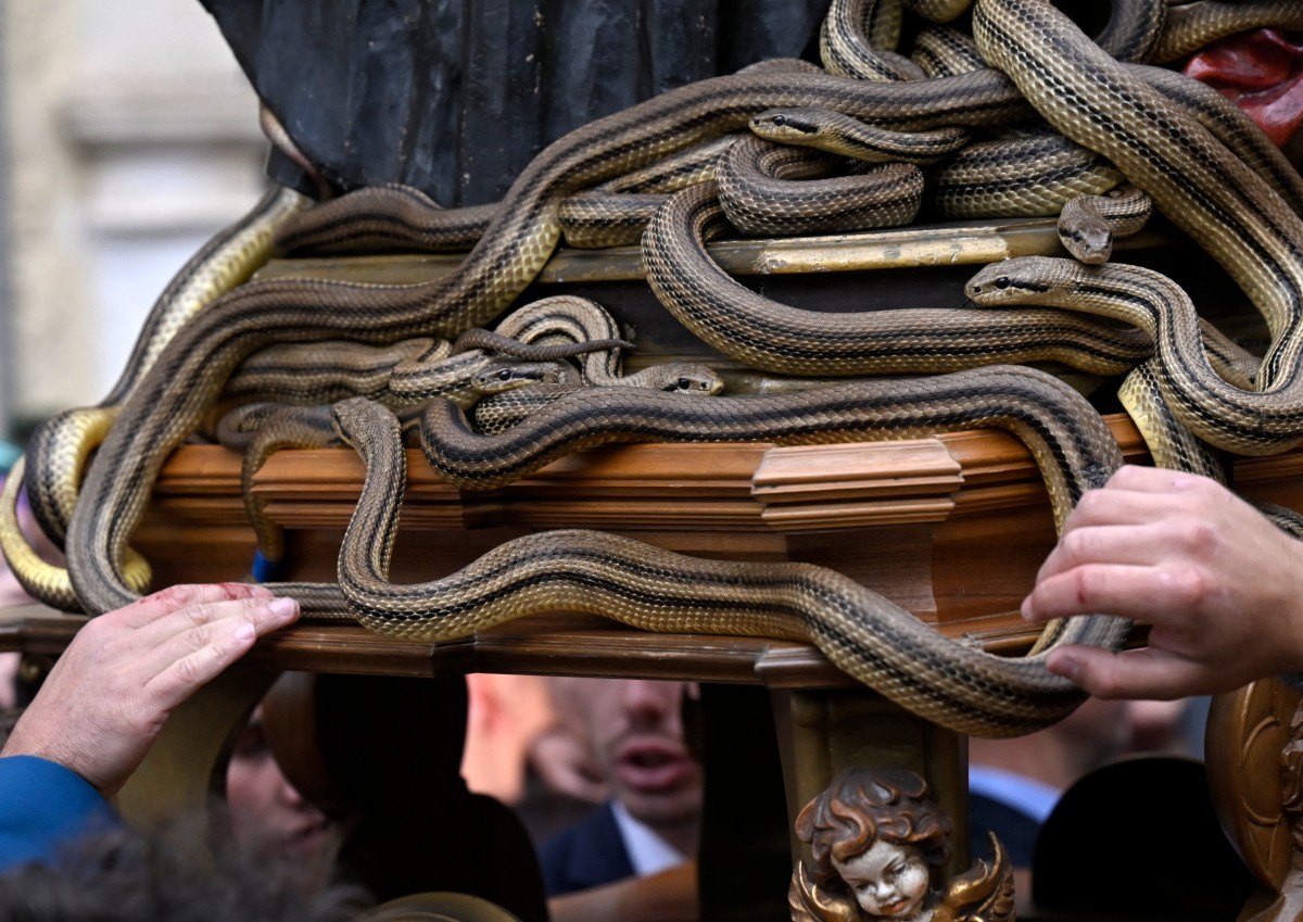 Religiosos usam serpentes em procissão tradicional, na Itália; veja fotos — Foto: TIZIANA FABI/AFP