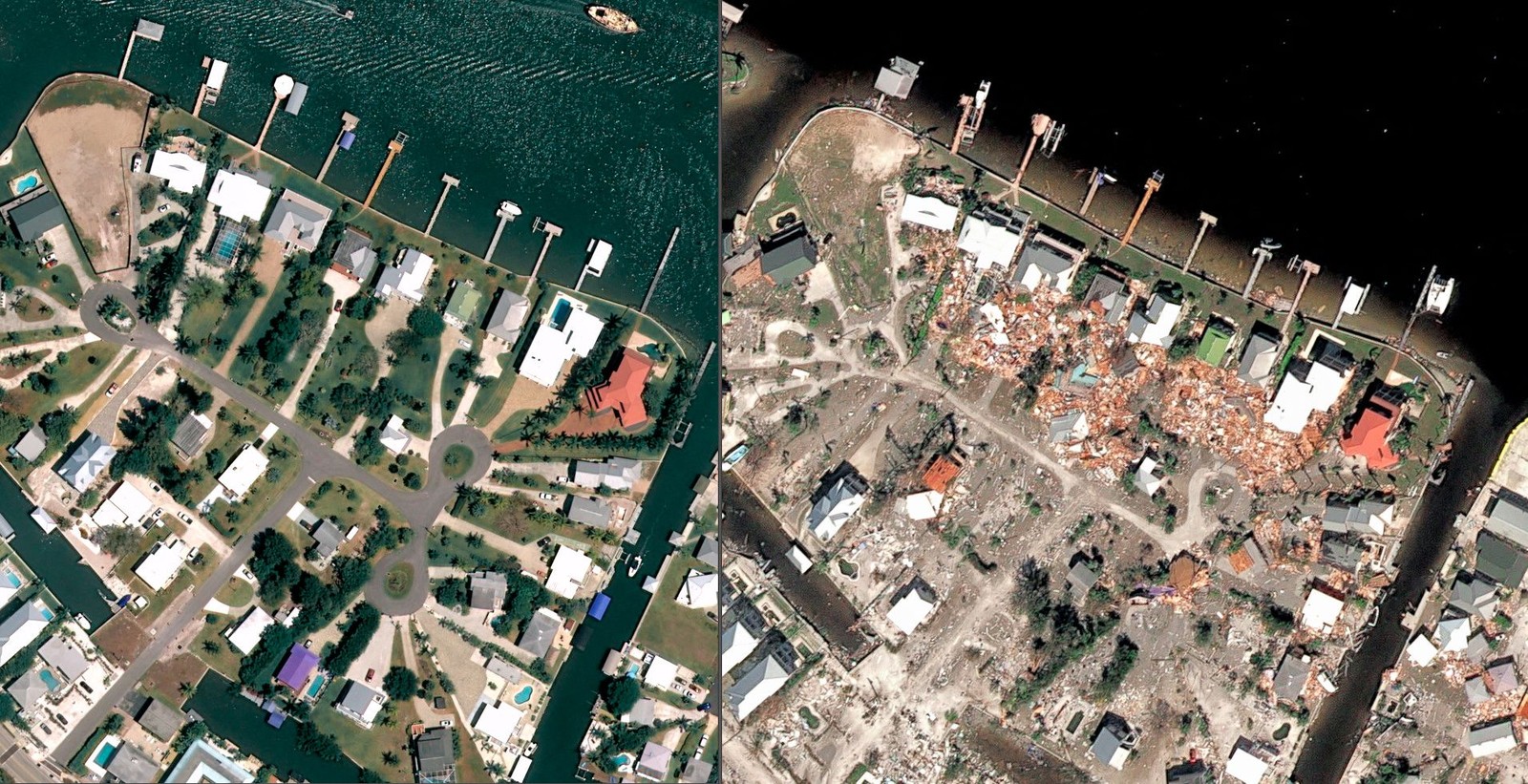 Combinado de imagens de satélite mostram o antes e o depois do furacão Ian atingir a Flórida, nos EUA, na semana passada — Foto: ÀFP