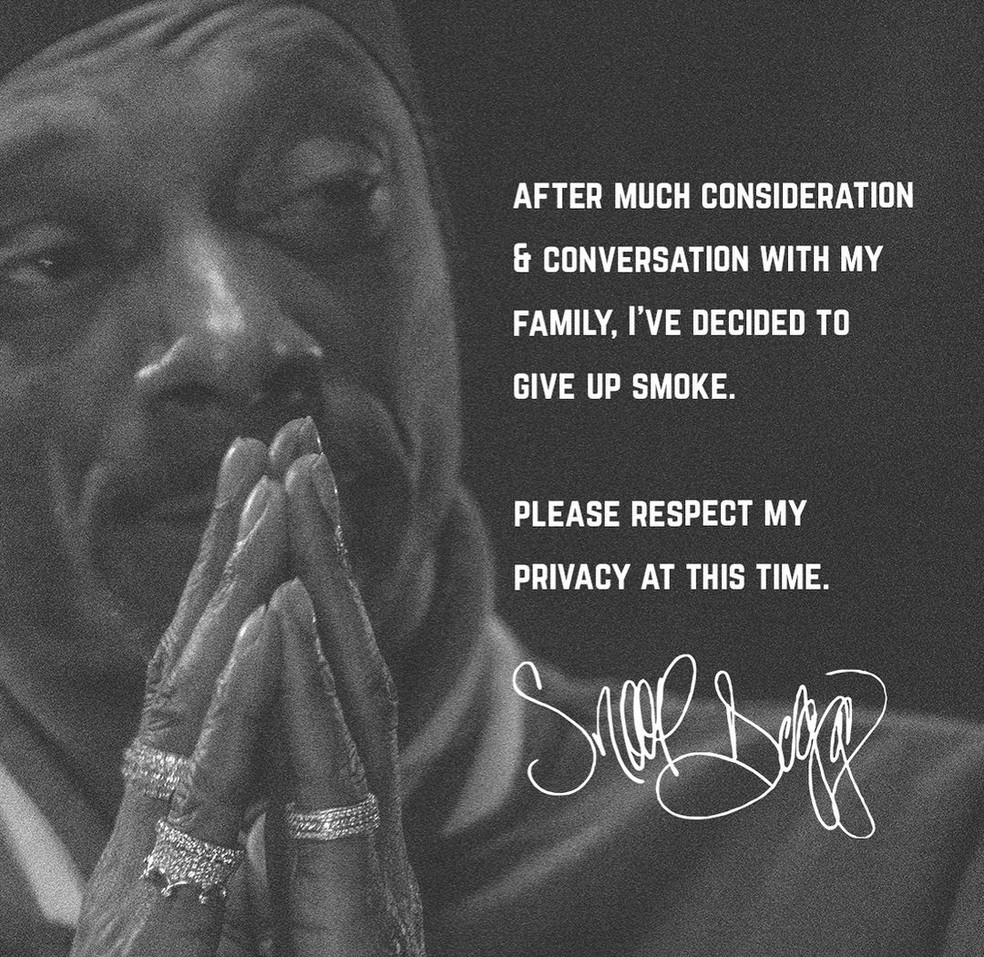 Cantor Snoop Dogg anuncia que vai parar de maconha — Foto: Reprodução/Instagram