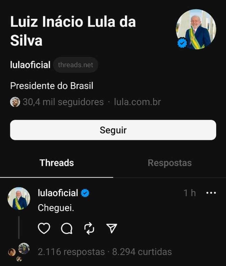 Primeira postagem de Lula no Threads