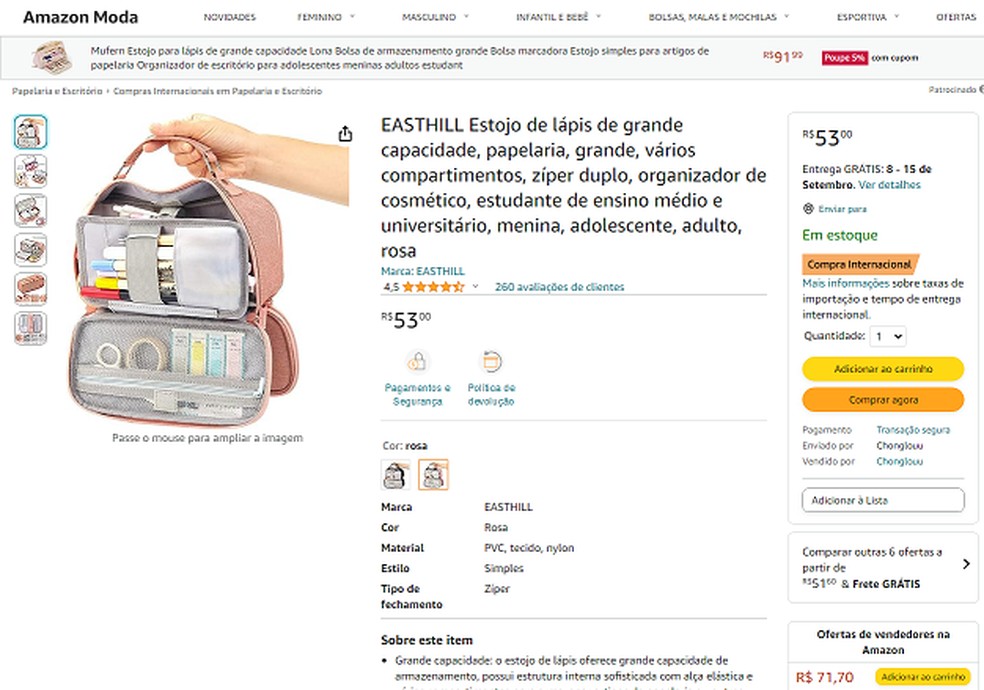 Simulação de compra na Amazon — Foto: Reprodução