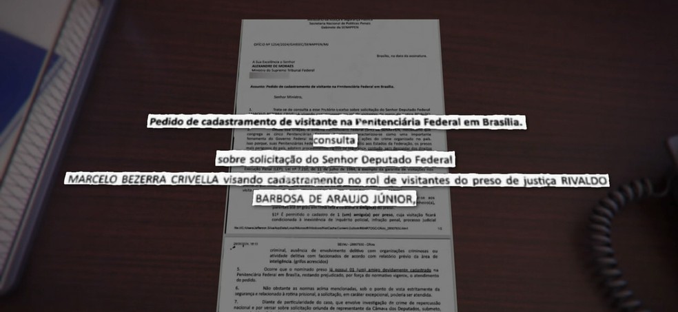 Em documento, Marcelo Crivella faz pedido para visitar o delegado Rivaldo Barbosa, preso no caso Marielle — Foto: Reprodução/TV Globo