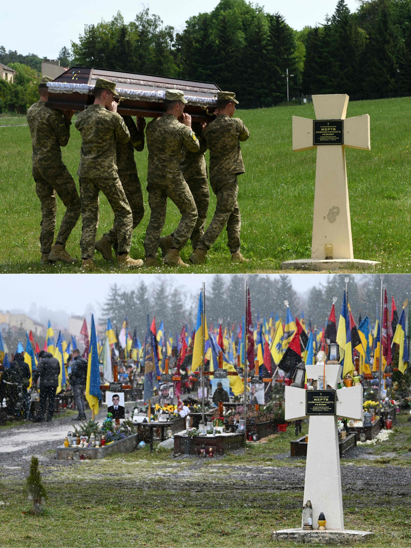 25/05/2022: Acima, soldados ucranianos carregam os caixões de Andriy Vertiev e Serhiy Evtushenko, que também serviam na guerra. 08/02/2024: Abaixo, túmulos de soldados ucranianos, no mesmo local — Foto: YURIY DYACHYSHYN