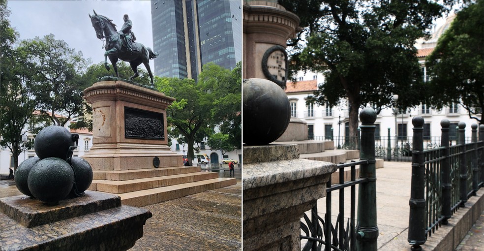 Antes e depois: monumento ao General Osório é feito em bronze, a partir dos canhões da Guerra do Paraguai; gradil de 2 toneladas foi furtado — Foto: Custodio Coimbra e Marcos Tristão/04-10-2010