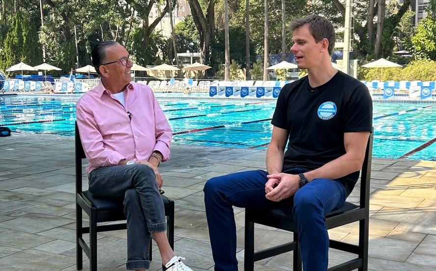 Galvão Bueno e Cesar Cielo gravam para o 'Esporte espetacular'