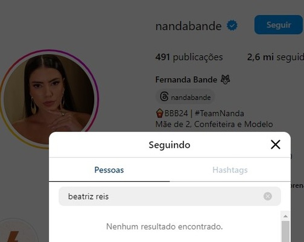 Fernanda não segue Beatriz nas redes após o 'BBB' 24 — Foto: Reprodução/Redes sociais