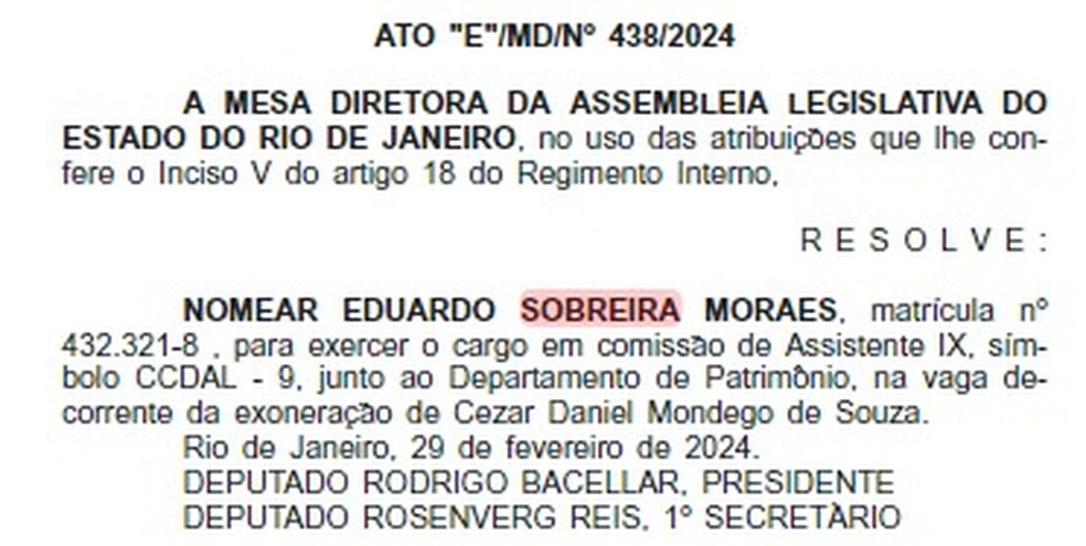 Ato da Mesa Diretora da Alerj substituiu suspeitos em vaga na Casa no último dia 29 — Foto: Reprodução