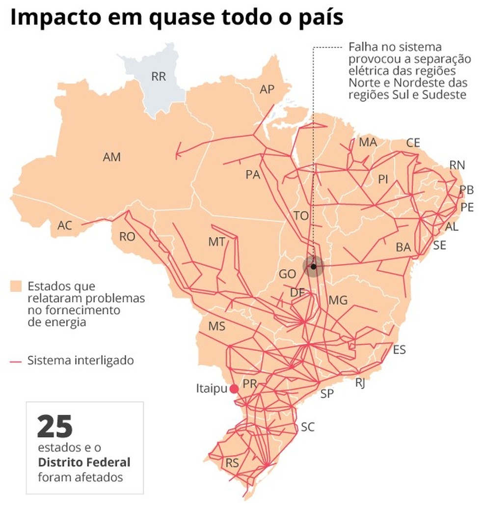 Mapa mostra impacto no país de apagão nacional — Foto: Editoria de arte