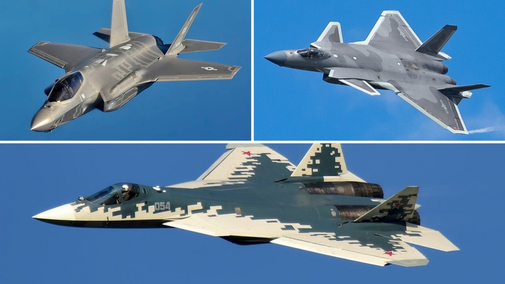 Os caças mais avançados do mundo: Su-57 russo (embaixo), F-35 americano (esquerda) e J-20 chinês (direita) — Foto: Força Aérea Americana, Ministério da Defesa da Rússia e Força Aérea Chinesa