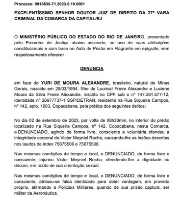 Denúncia do Ministério Público do Rio contra agressor de Victor Meyniel