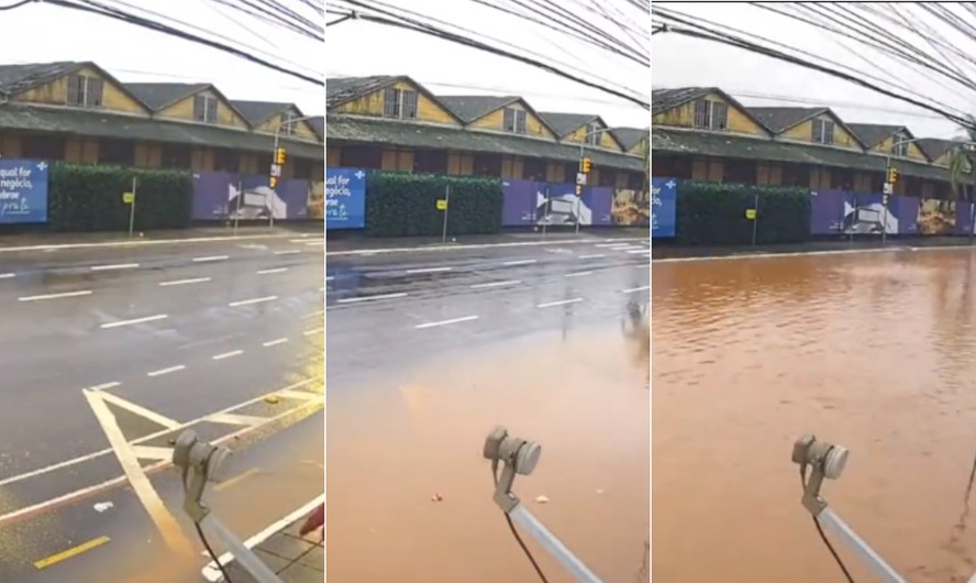 Veja o momento em que o Rio Guaíba invade uma das principais vias de Porto Alegre