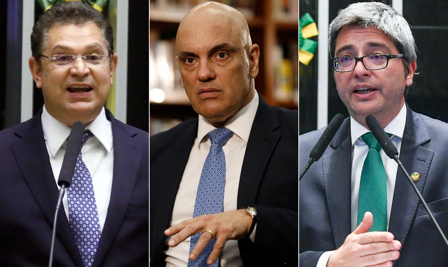 Da esquerda para a direita: o deputado Sóstenes Cavalcante (PL-RJ), o ministro Alexandre de Moraes e o senador Carlos Portinho (PL-RJ)