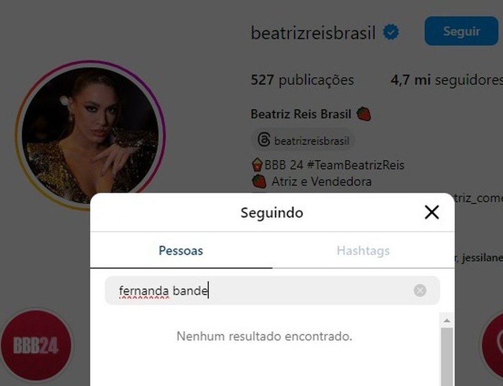 Beatriz não segue Fernanda nas redes após o 'BBB' 24 — Foto: Reprodução/Redes sociais
