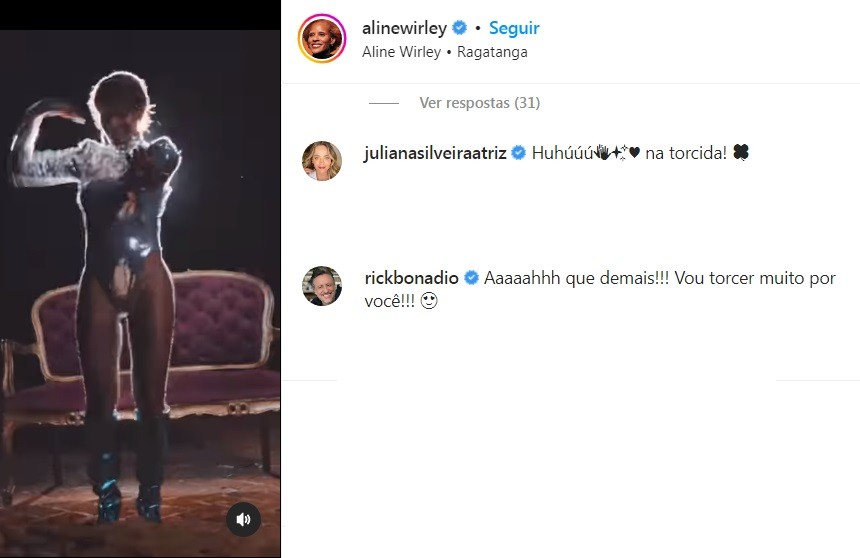 A atriz Juliana Silveira e o produtor musical Rick Bonadio também declararam torcida para Aline Wirley