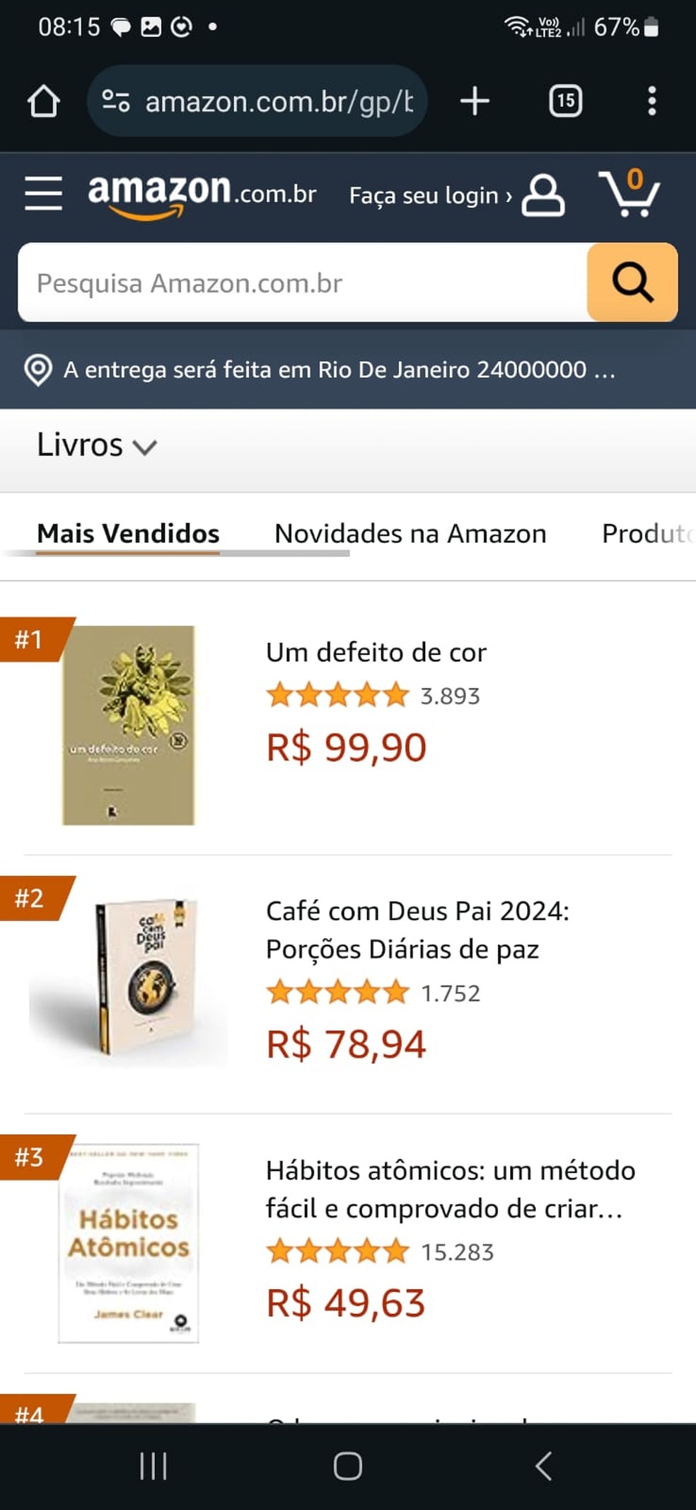 Lista de livros mais vendidos no site da Amazon — Foto: Reprodução